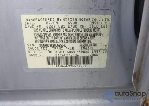 2009 Nissan Sentra 2.0Sr from USA, damaged, VIN 3N1AB61E99L695643